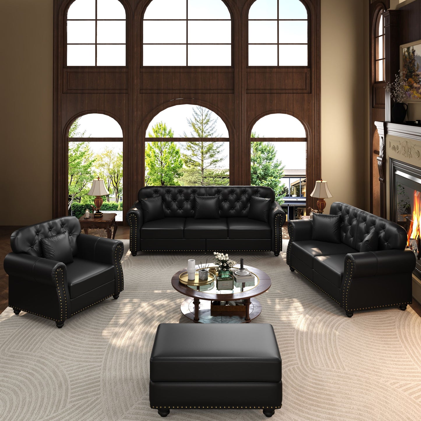 Upholstered Sofa With Nailhead Trim, Rolled Armrests With Ottoman Home Essentials