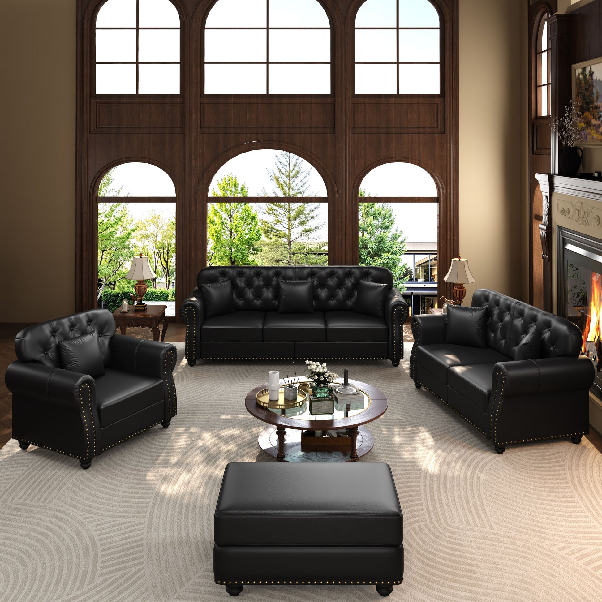 Upholstered Sofa With Nailhead Trim, Rolled Armrests With Ottoman Home Essentials