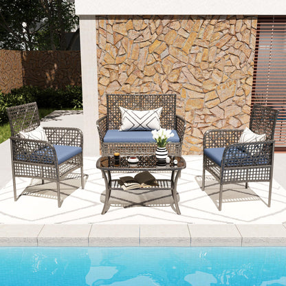 4 Pieces Rattan Wicker Chairs With Tempered Glass Table And Cushions Home Essentials