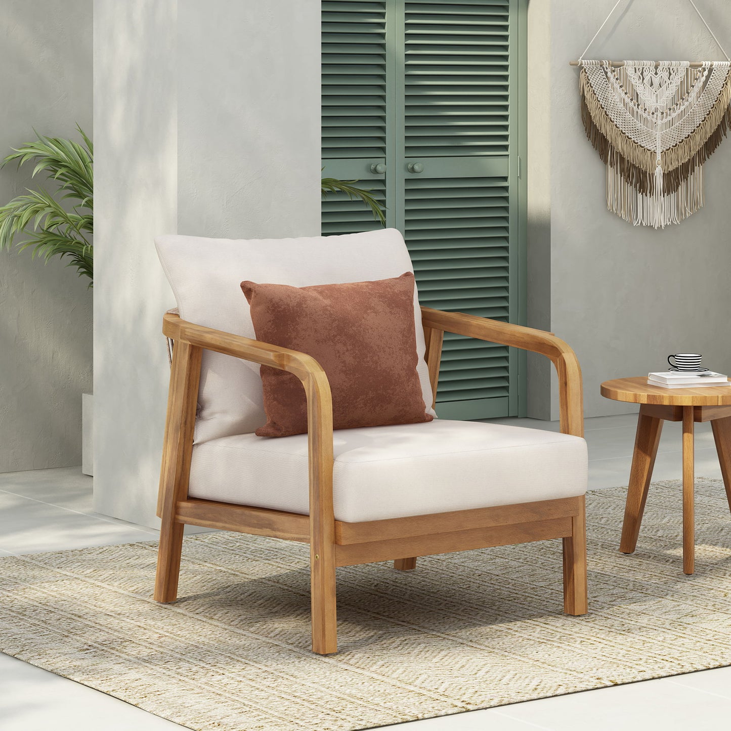Outdoor Lounge Chair With Woven Backrest, Solid Wood Frame, Comfortable Cushions Noble House