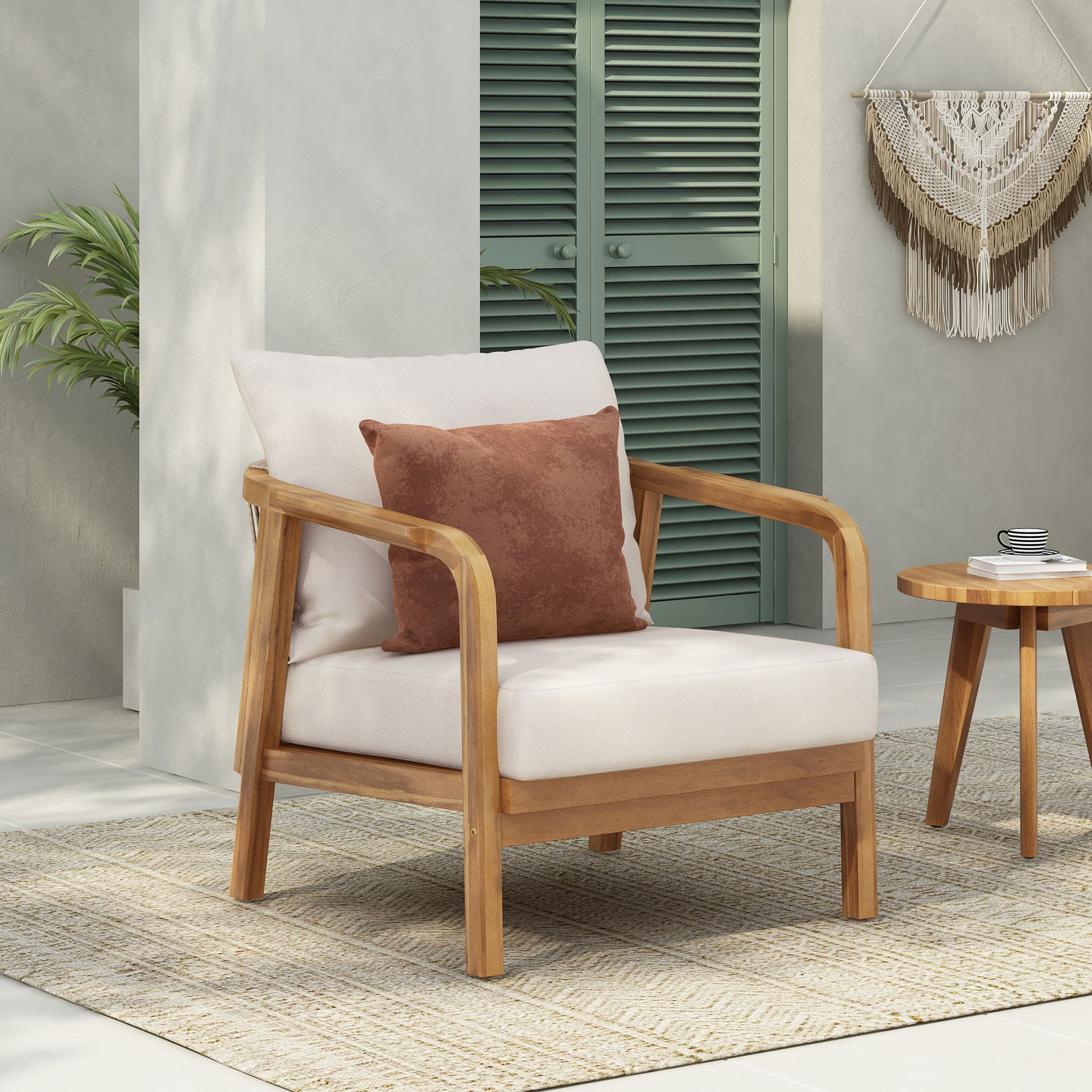 Outdoor Lounge Chair With Woven Backrest, Solid Wood Frame, Comfortable Cushions Noble House