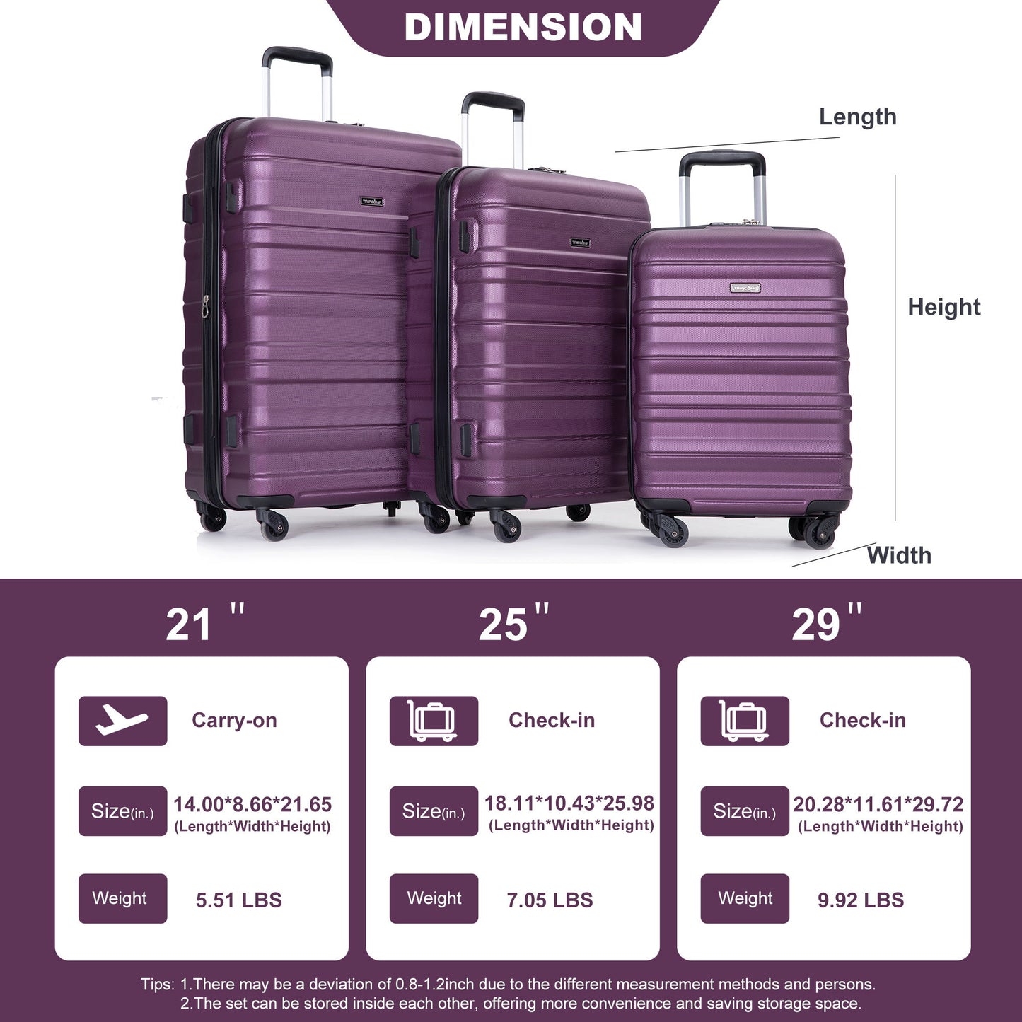 Expandable 3 Piece Luggage Sets Pc Lightweight & Durable Suitcase With Two Hooks, Spinner Wheels, Tsa Lock, (21/25/29) - Dark Purple Daily Nest