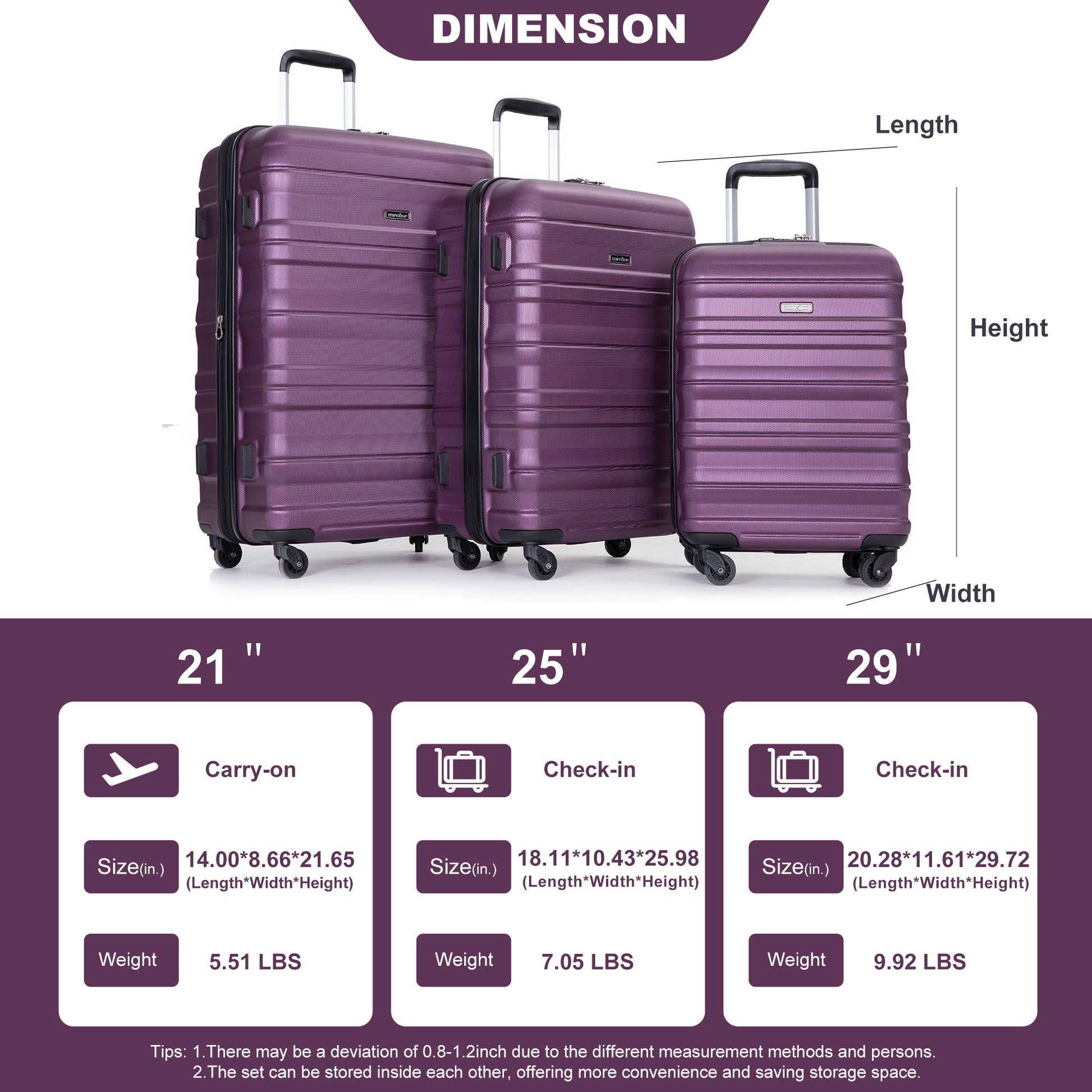 Expandable 3 Piece Luggage Sets Pc Lightweight & Durable Suitcase With Two Hooks, Spinner Wheels, Tsa Lock, (21/25/29) - Dark Purple Daily Nest