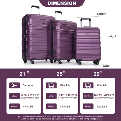 Expandable 3 Piece Luggage Sets Pc Lightweight & Durable Suitcase With Two Hooks, Spinner Wheels, Tsa Lock, (21/25/29) - Dark Purple Daily Nest