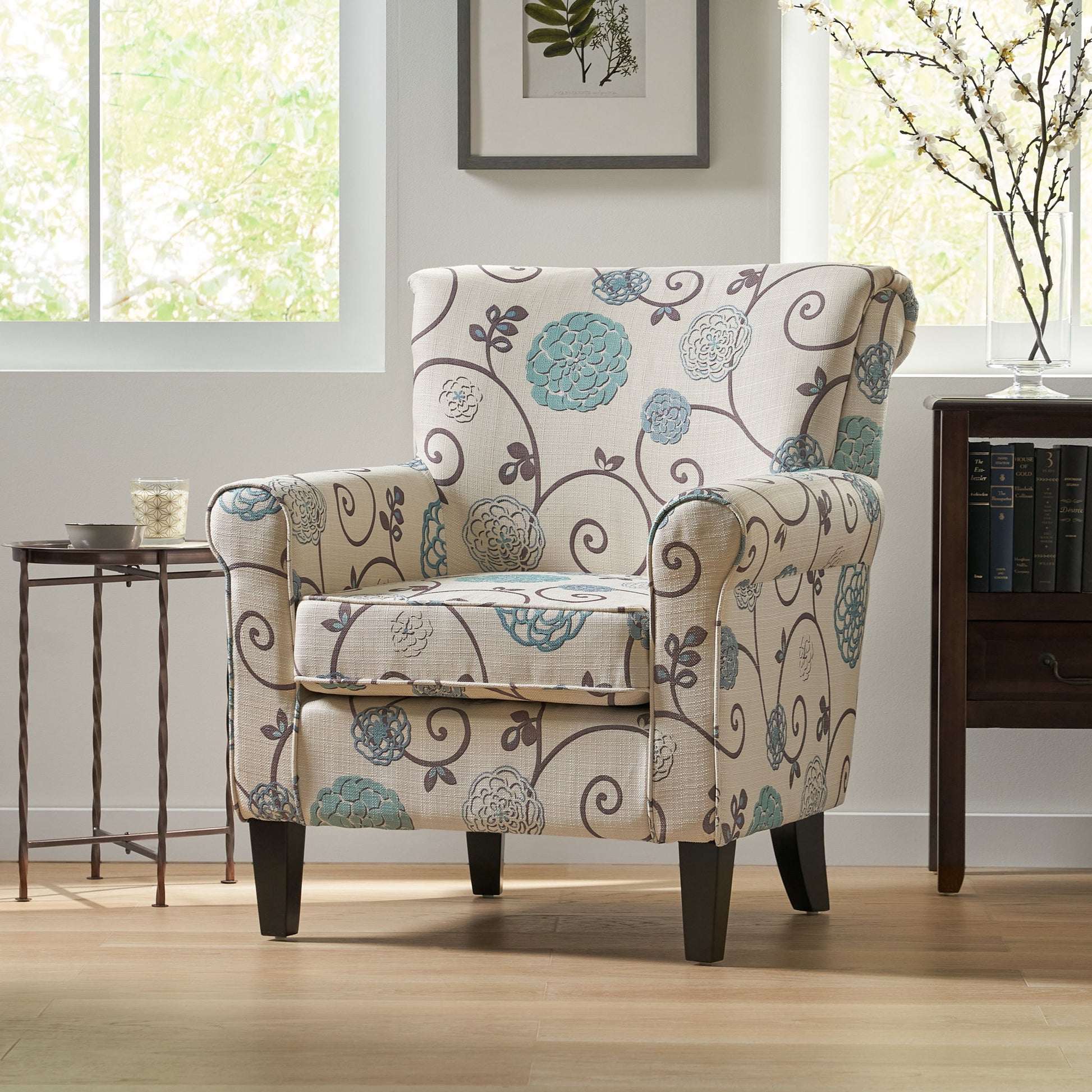 Upholstered Chair With Floral Pattern Design And Solid Wood Legs - Multi Color Noble House