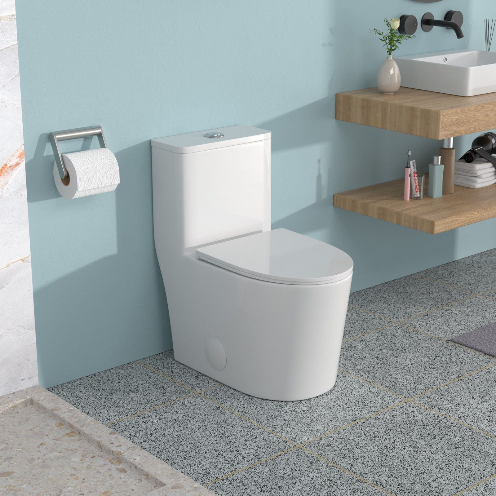 1 Piece Toilet For Bathroom, Soft Closing Seat, Dual Flush 1.1 / 1.6 Gpf - White Daily Nest