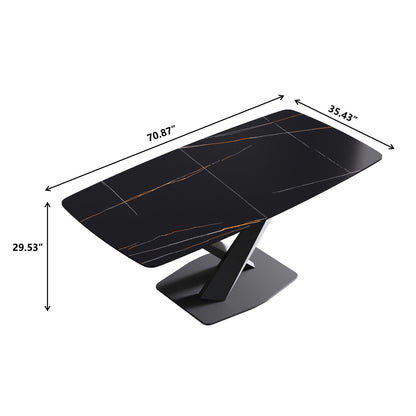 70.87" Modern Artificial Stone Black Curved Black Metal Leg Dining Table, Can Accommodate 6-8 People - Black Home Essentials