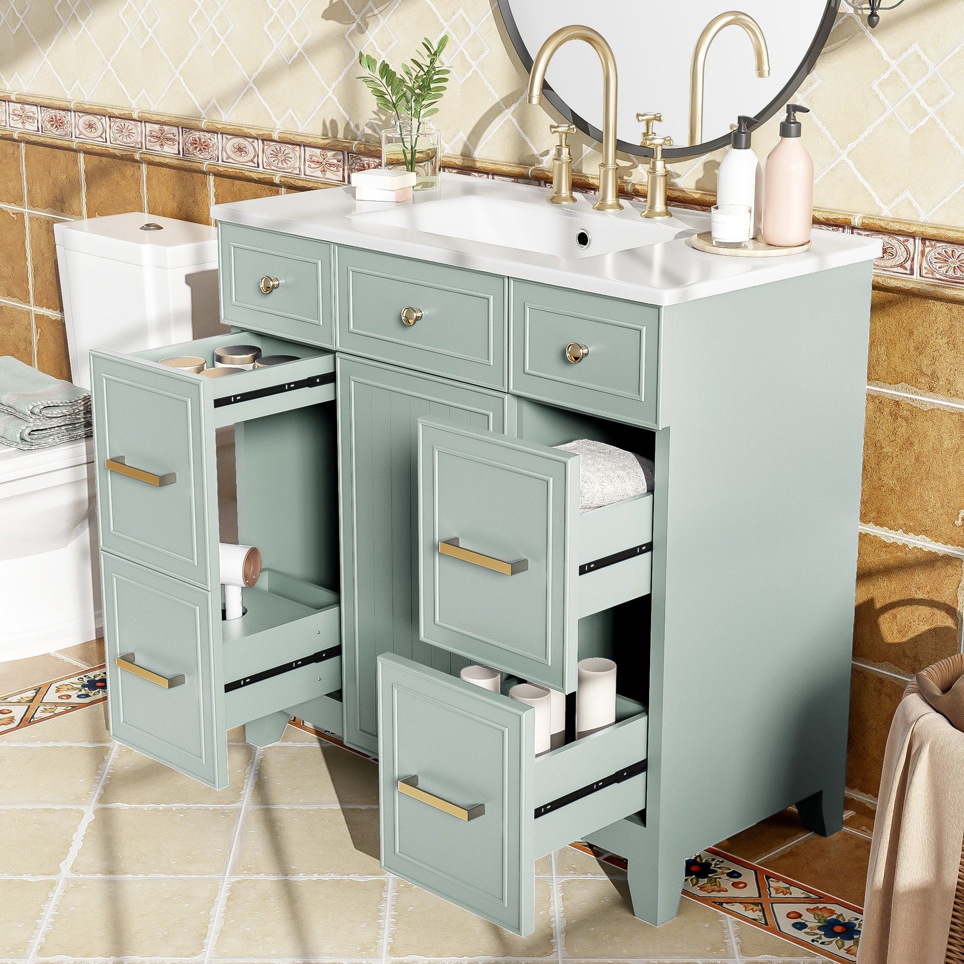 Bathroom Vanity With Ceramic Sink, Soft Close Doors, Adjustable Shelves Hearth and Haven