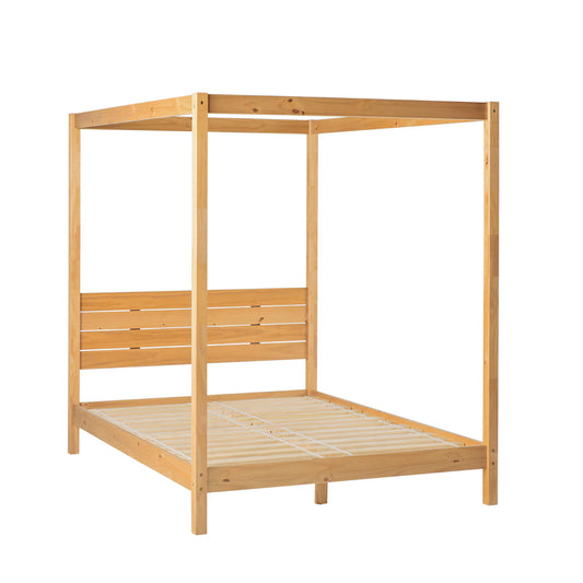 Queen Canopy Bed Frame Modern Minimalist Boho - Natural Pine