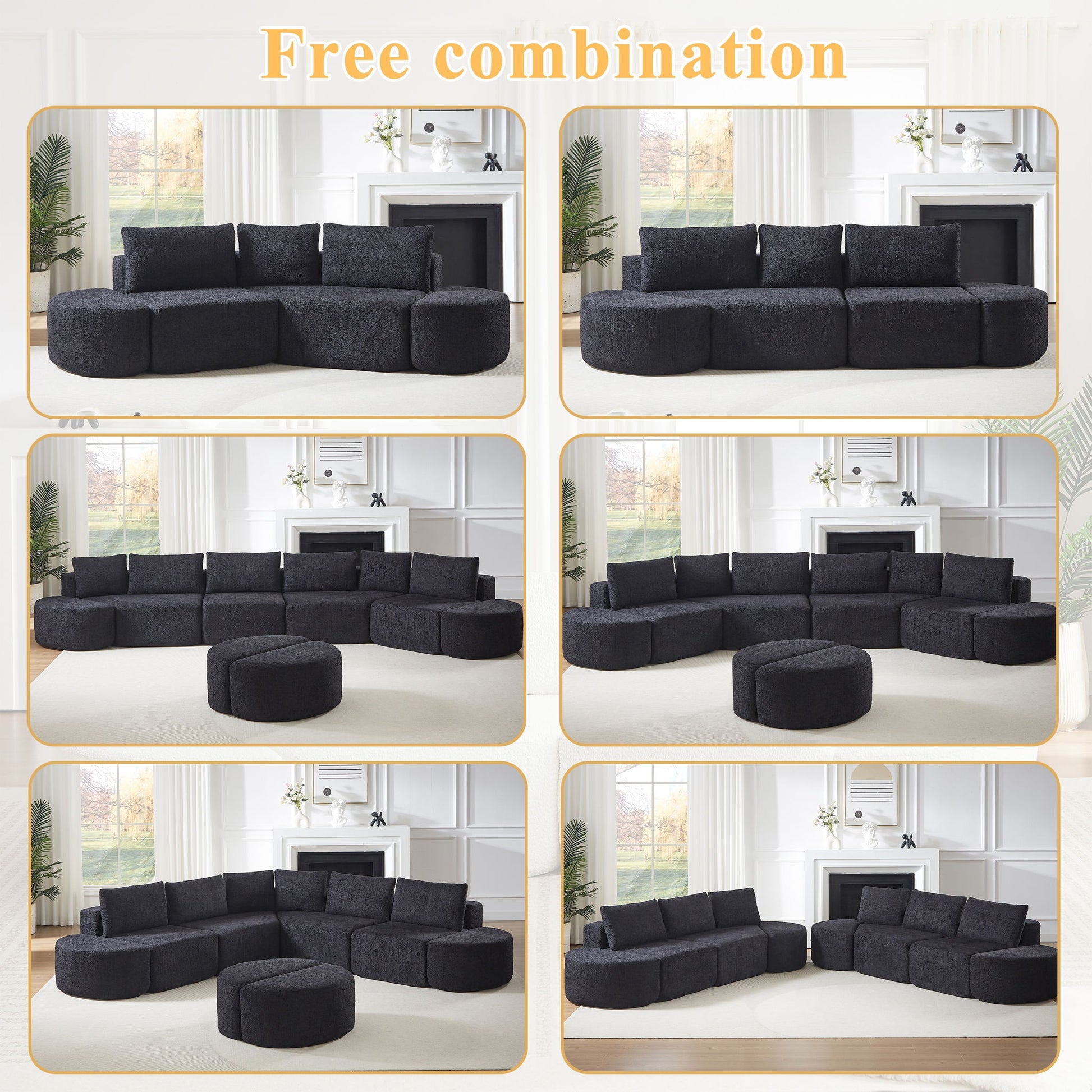V - Shaped Modular Sofa Set & 3 Pillows And 2 Curved Ottomans For Living Rooms - Black Home Essentials