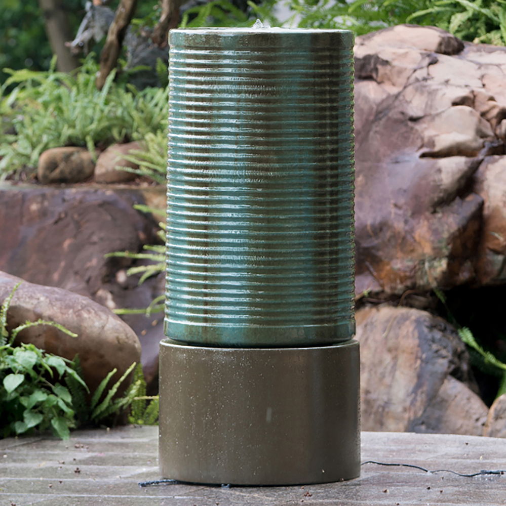 Large Modern Cylinder Ribbed Tower Water Fountain, Contemporary Outdoor Bird Bath Daily Nest