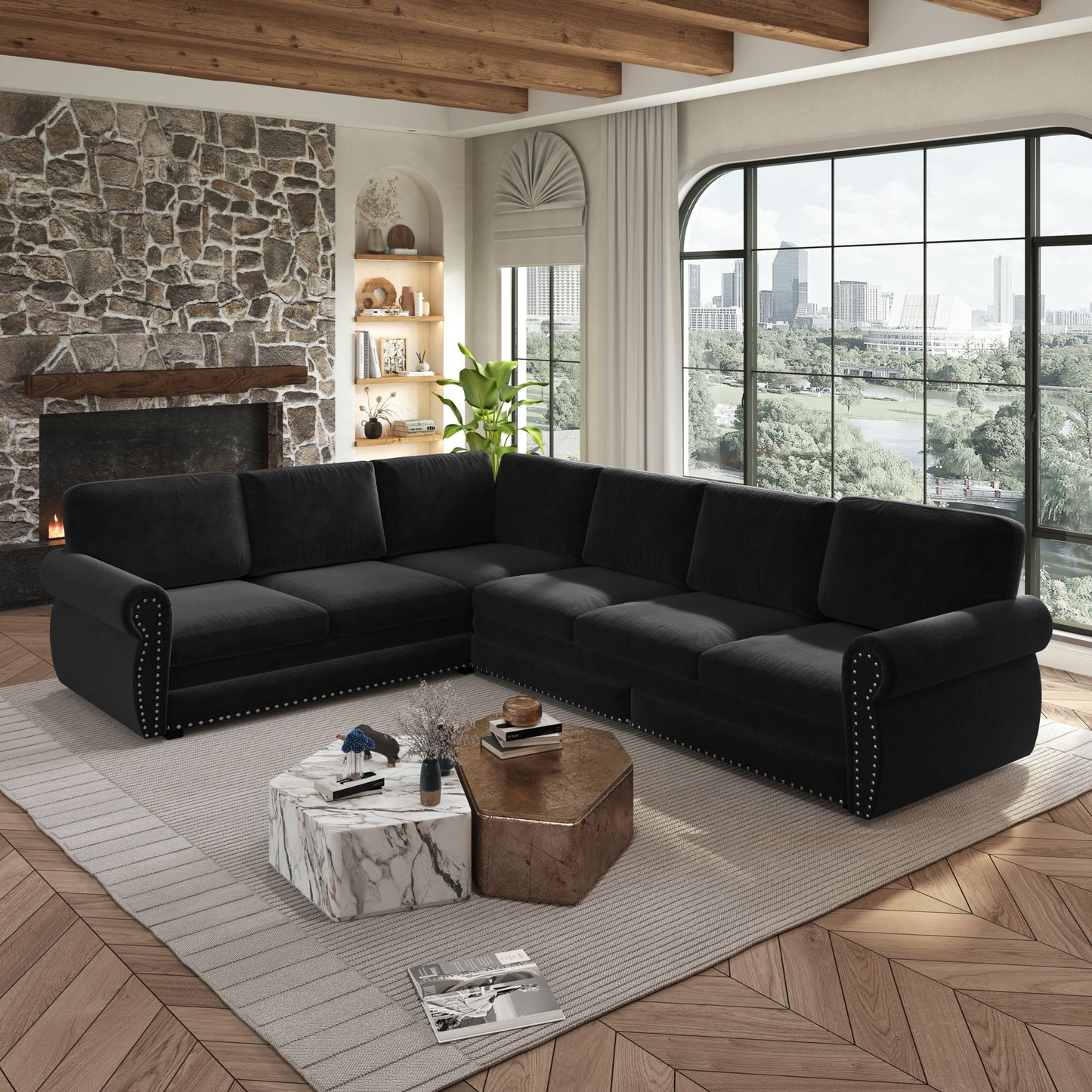 L-Shaped Sofa Couch With Pull Out Bed With Nailhead Trim & Rolled Arm Home Essentials