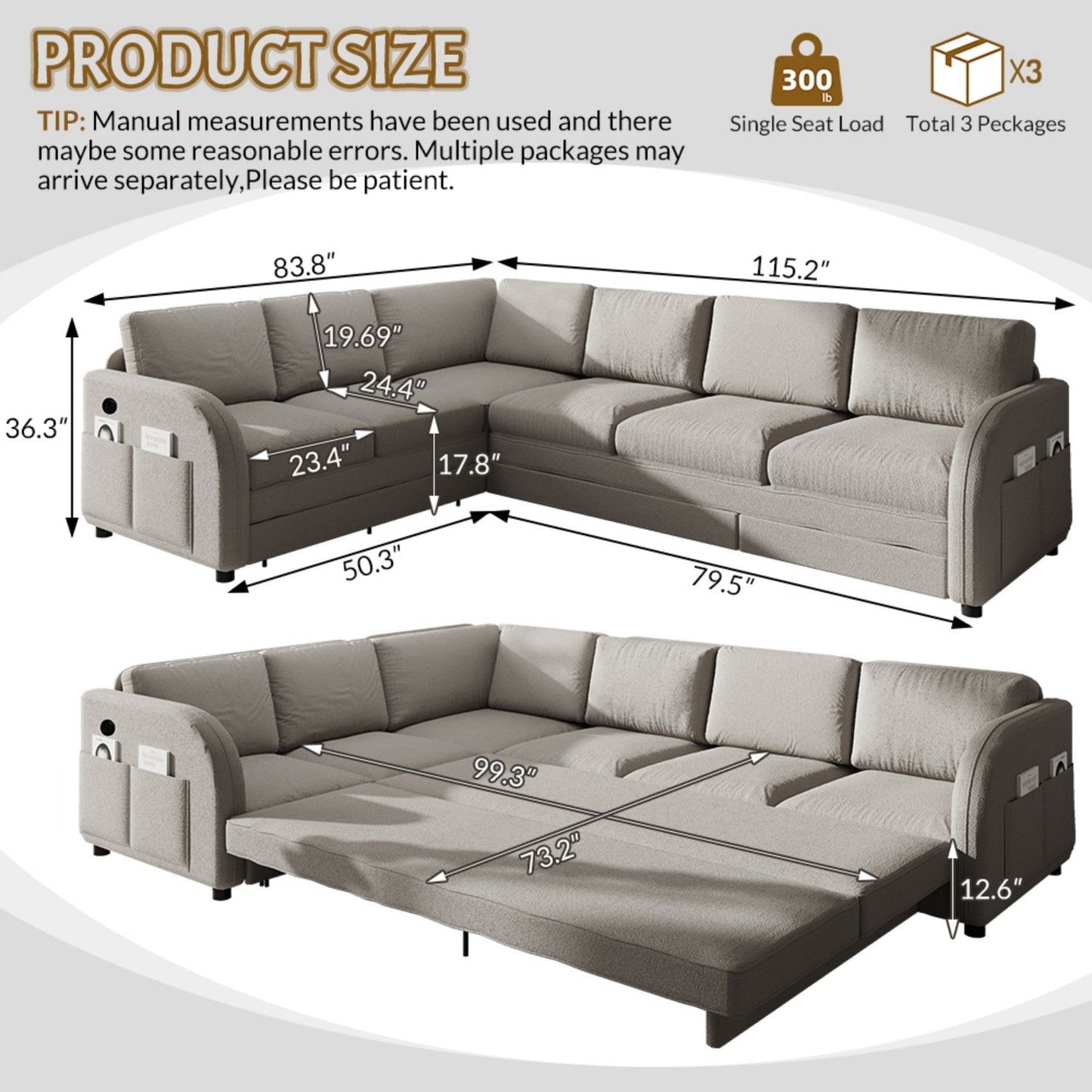 L-Shaped Couch With Pull-Out Bed, Convertible Sleeper Sofa With Side Pocket & USB Port Home Essentials