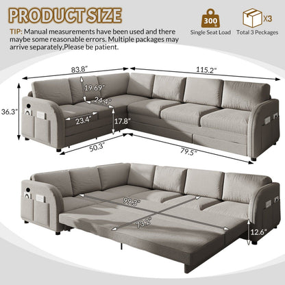 L-Shaped Couch With Pull-Out Bed, Convertible Sleeper Sofa With Side Pocket & USB Port Home Essentials