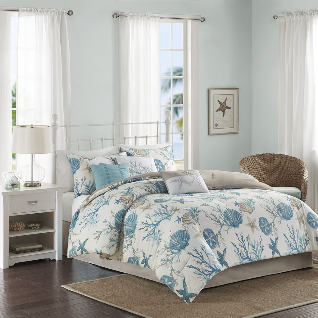 Pebble Beach - 7 Piece Cotton Sateen Comforter Set - Light Blue