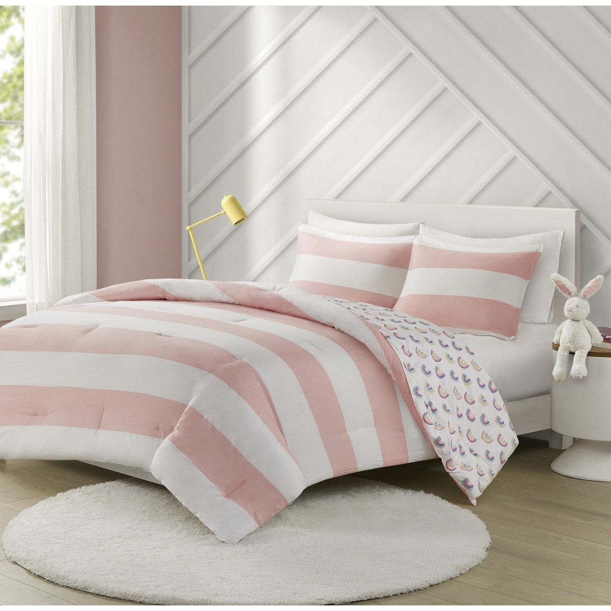 Sammie - Twin Cotton Cabana Stripe Reversible Comforter Set With Rainbow Reverse - Pink