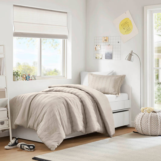 Logan - Twin/Twin Long Striped Duvet Set - Neutral Super Listing