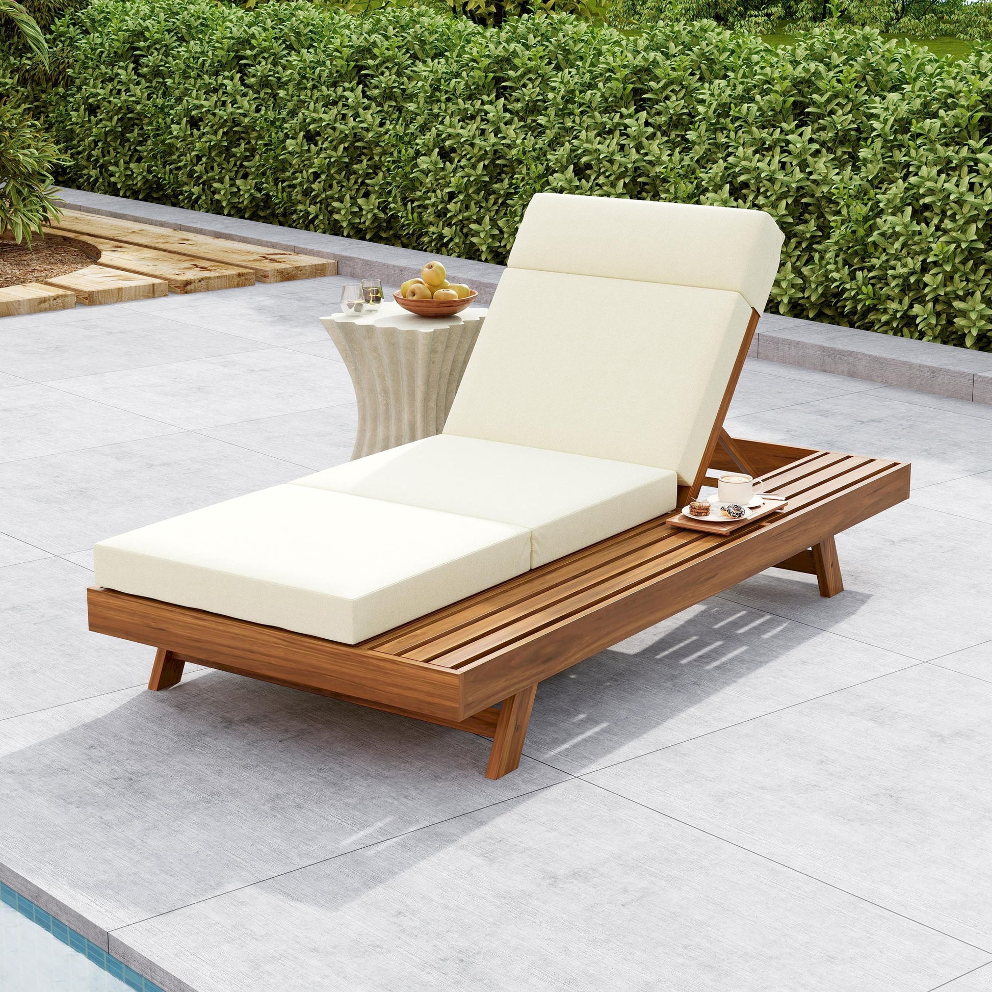 Acacia Wood Lounge Chaise Set With Headrest And Water Resistant Cushions - Beige Noble House