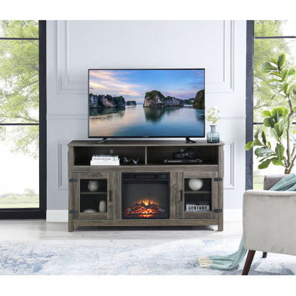 Modern Farmhouse TV Stand With Electric Fireplace, Fit Up To Flat Screen TV With Storage Cabinet And Adjustable Shelves Industrial Entertainment Center For Living Room - Gray