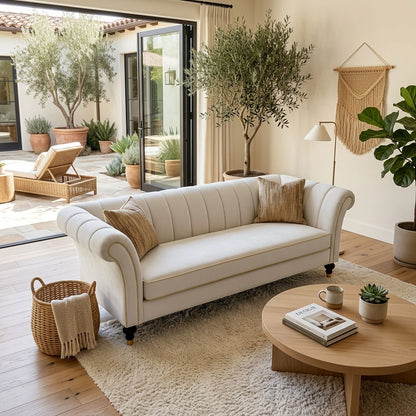 3 Seater Sofa With Rolled Arms, Vertical Channel Tufted Backrest