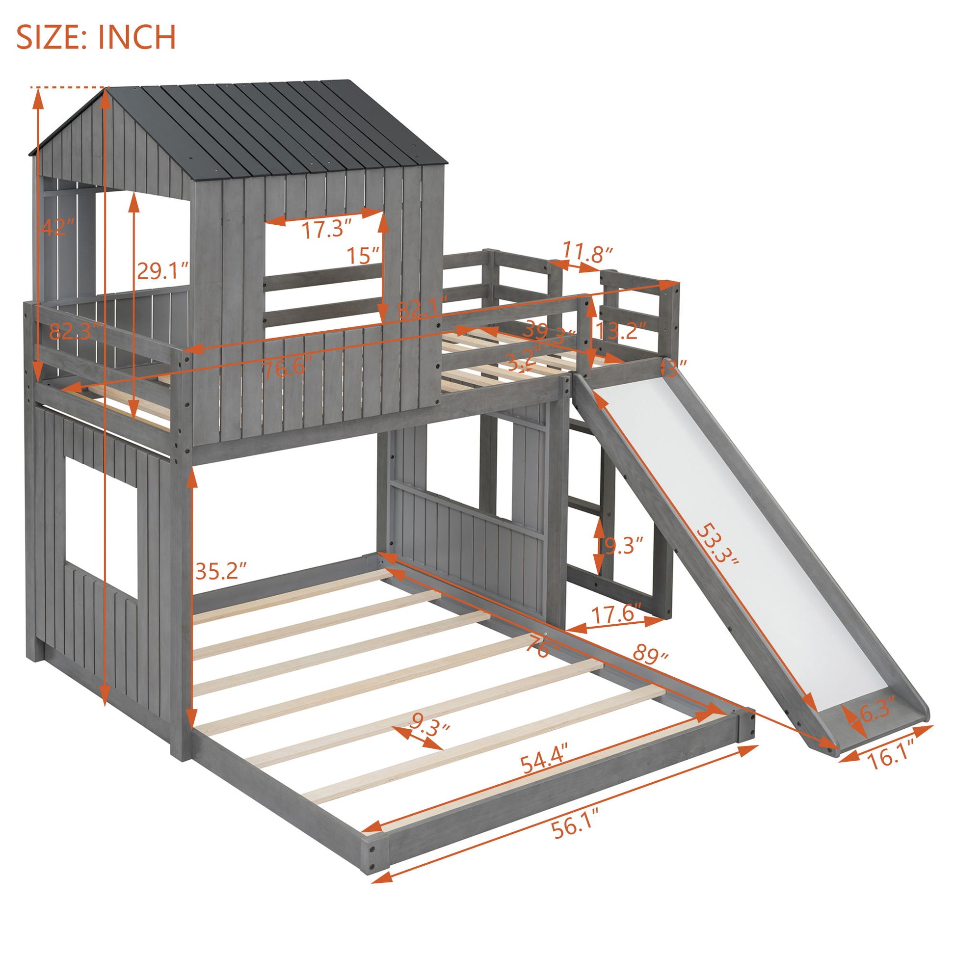 Loft Bunk Bed With Playhouse, Farmhouse, Ladder, Slide And Guardrails DreamHaus
