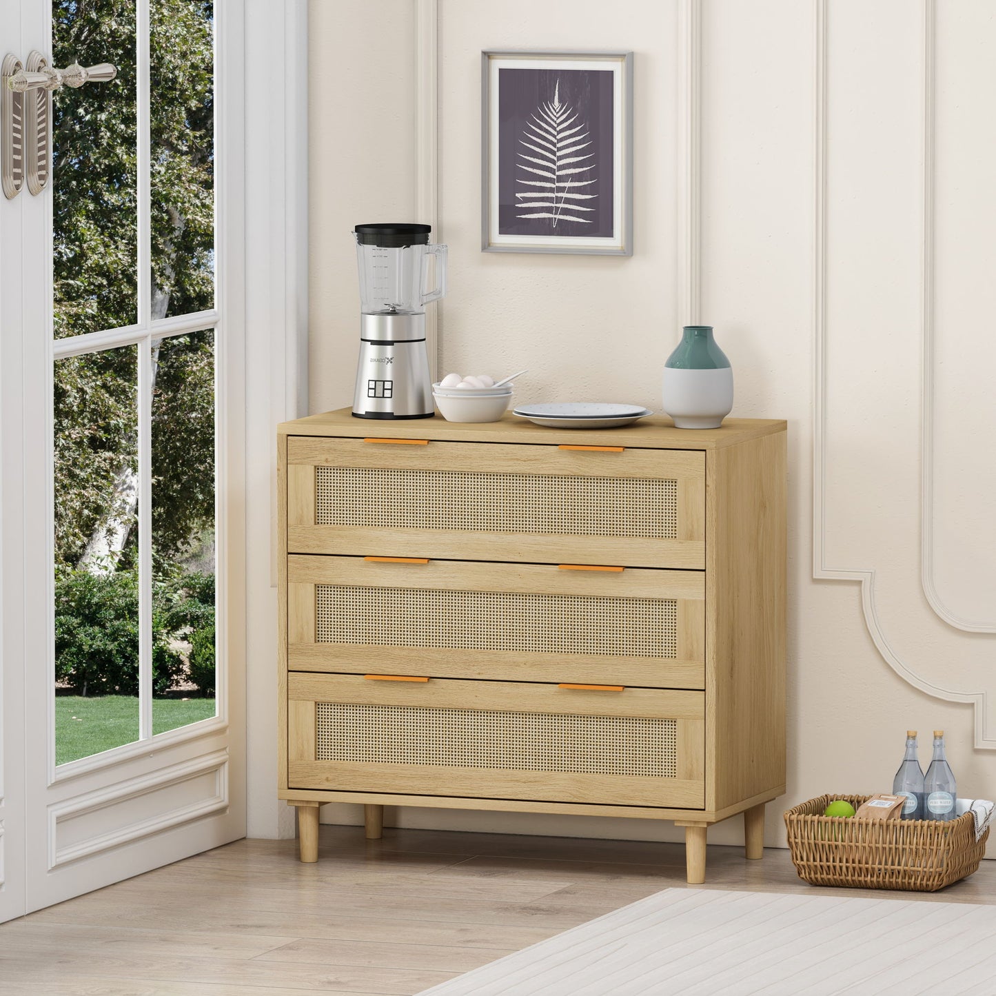 3 Drawer Storage Cabinet With Rattan Drawers For Bedroom, Living Room - Oak Home Essentials