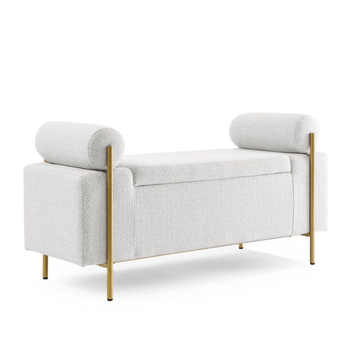 Elegant Upholstered Linen Storage Bench With Cylindrical Arms And Iron Legs, White Home Essentials