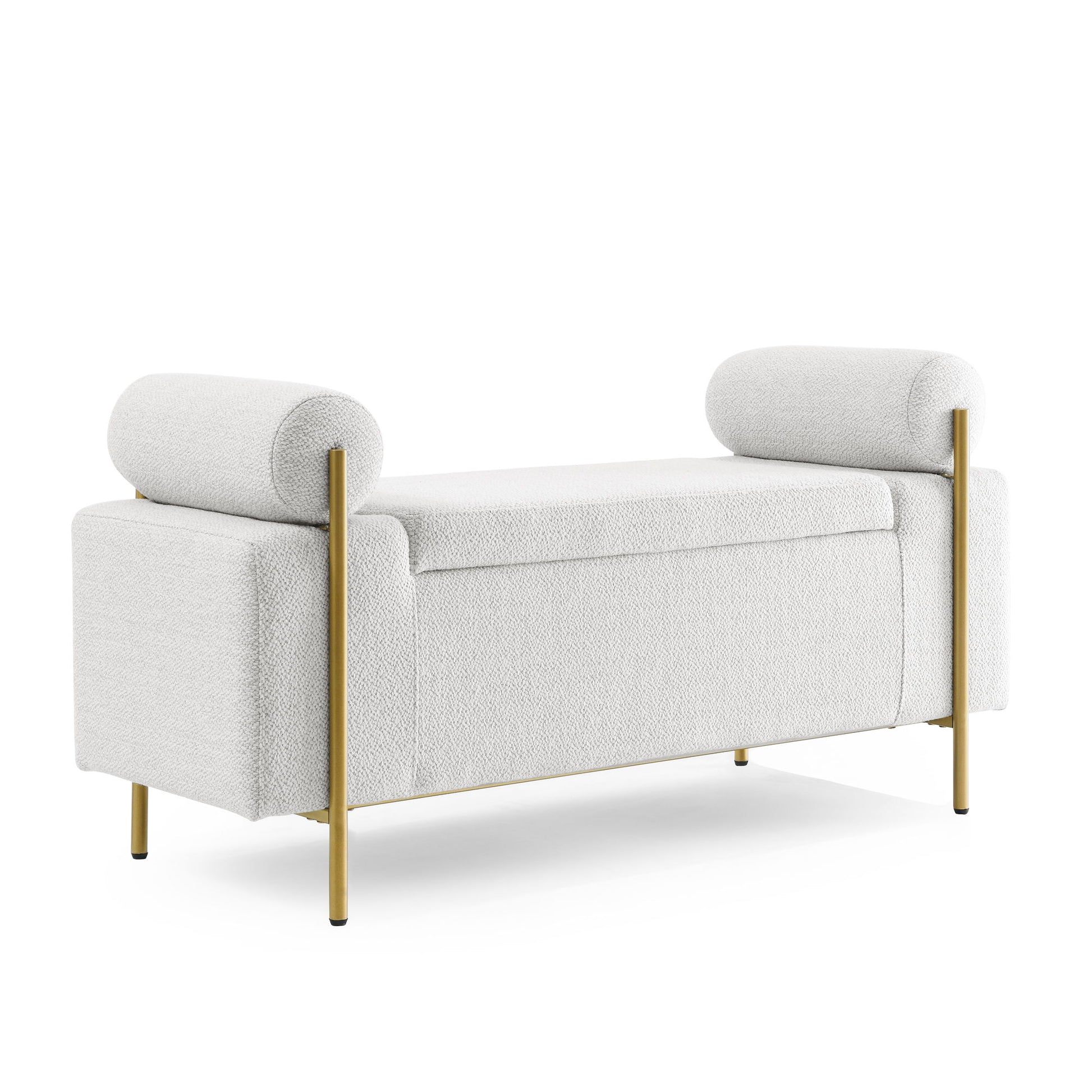 Elegant Upholstered Linen Storage Bench With Cylindrical Arms And Iron Legs, White Home Essentials