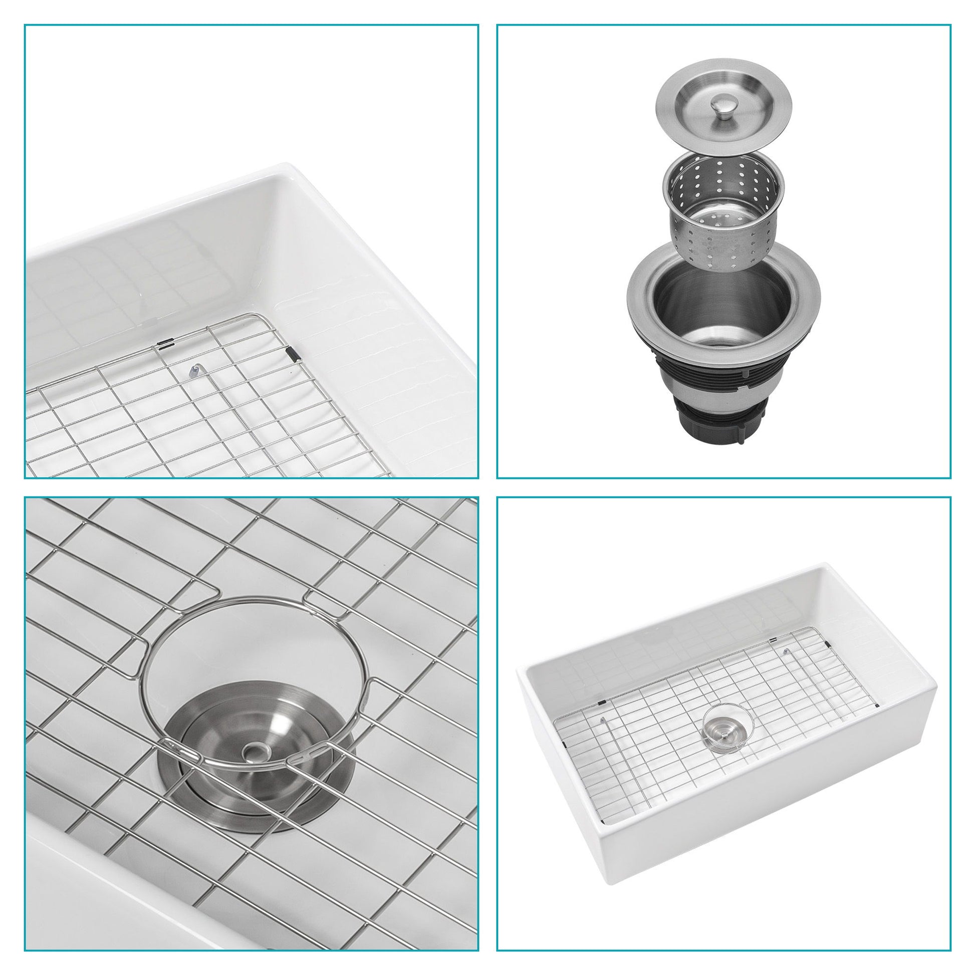 33" Undermount Sink With Apron Front, Single Bowl, Grid - White Daily Nest
