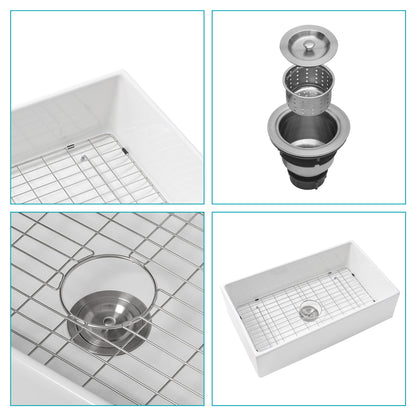33" Undermount Sink With Apron Front, Single Bowl, Grid - White Daily Nest