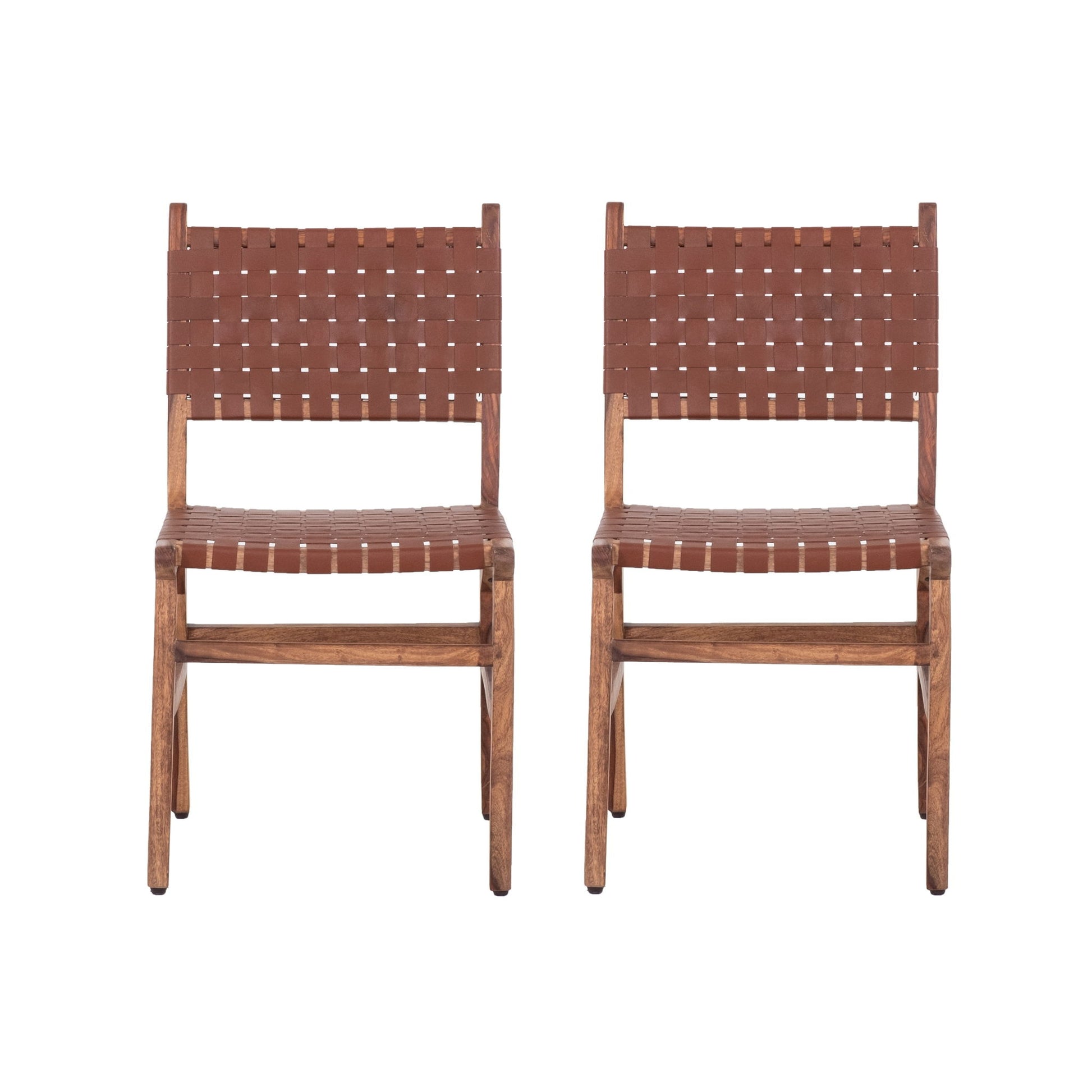 Rustic Wooden Dining Chair (Set of 2) With Genuine Leather Woven Upholstery - Brown Home Essentials