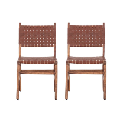 Rustic Wooden Dining Chair (Set of 2) With Genuine Leather Woven Upholstery - Brown Home Essentials