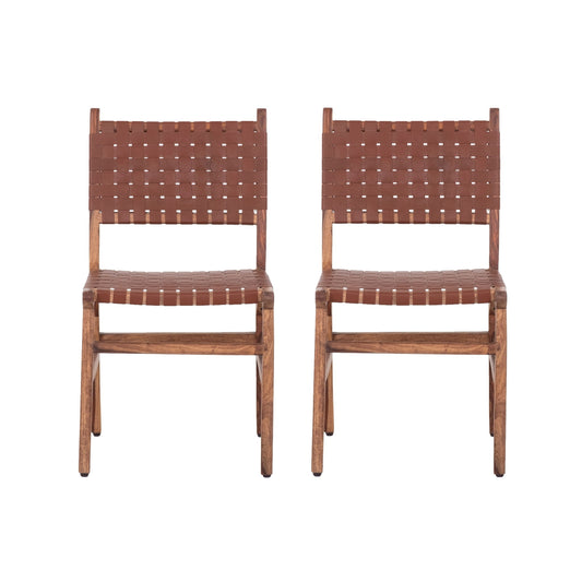 Rustic Wooden Dining Chair (Set of 2) With Genuine Leather Woven Upholstery - Brown Home Essentials