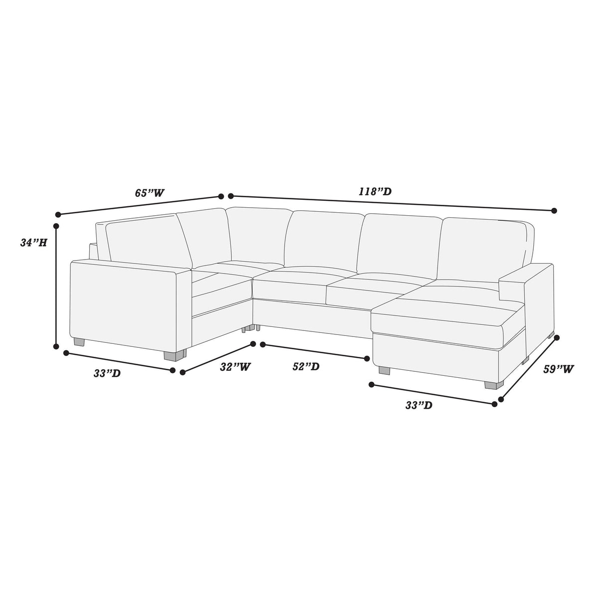 Sectional With RAF Chaise, Armless Loveseat & LAF 1 Arm Chair Home Essentials