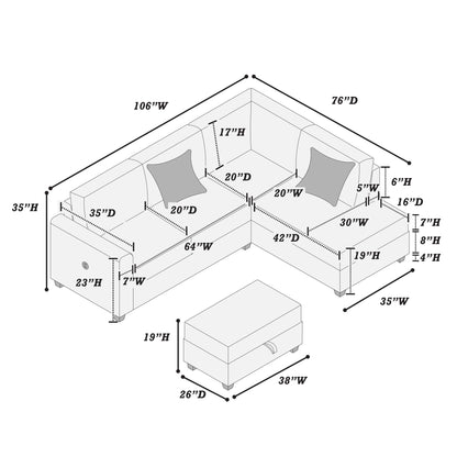 Modern Style Sectional Set With USB Port, Storage Ottoman Home Essentials