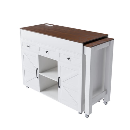 Modern Kitchen Island With Extendable Dining Table & Power Outlet - White Home Essentials