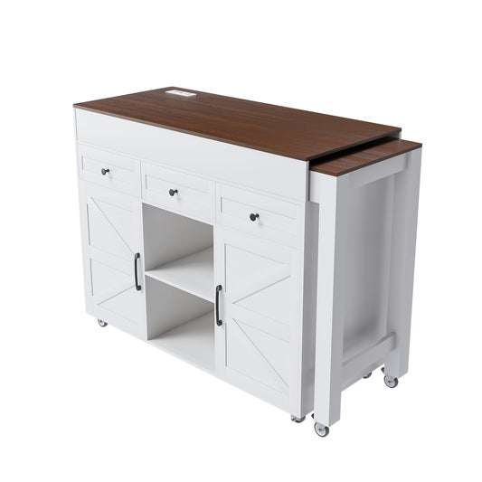 Modern Kitchen Island With Extendable Dining Table & Power Outlet - White Home Essentials