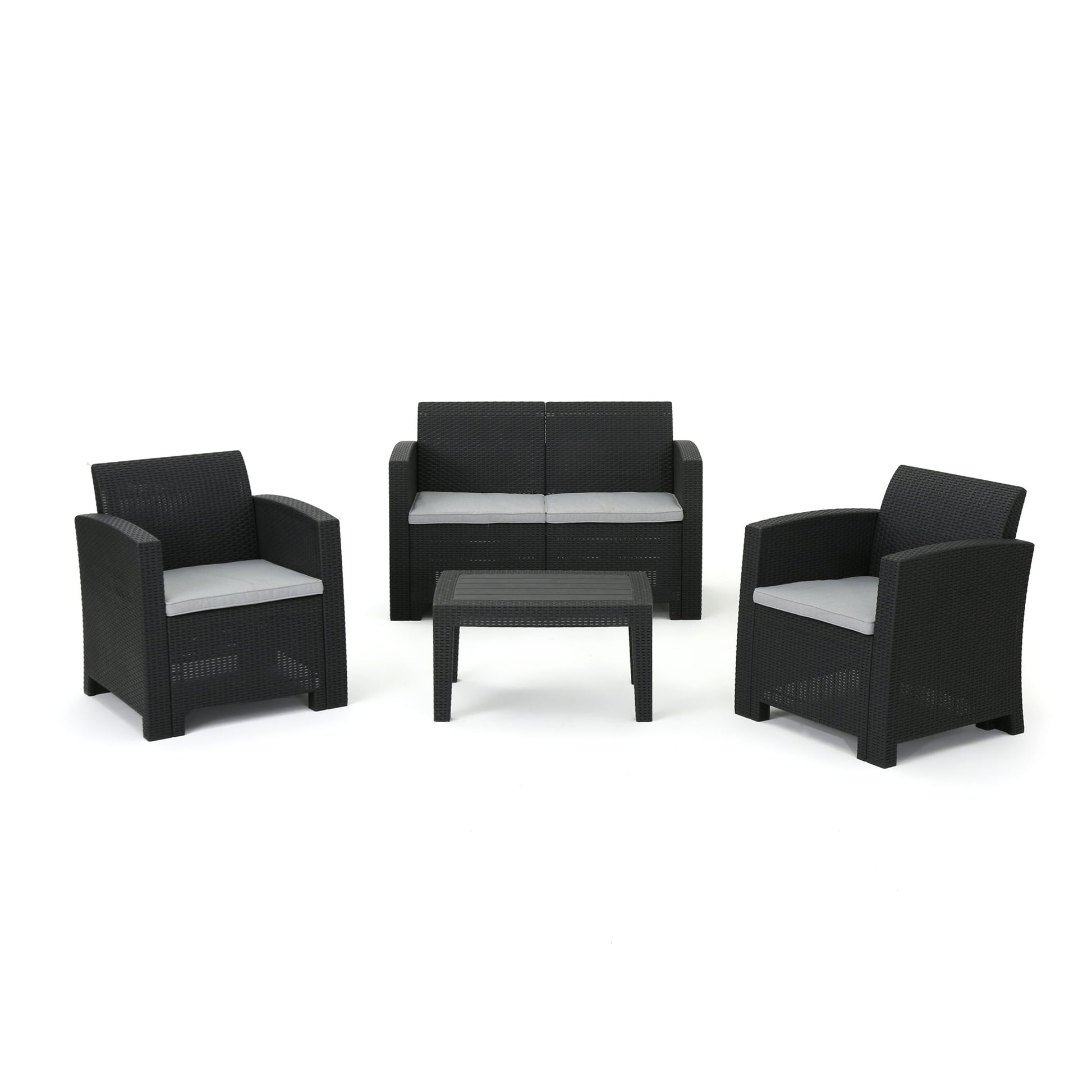 Zephyra - Outdoor 4 Piece Faux Wicker Rattan Chat Set With Water Resistant Cushions - Gray Noble House
