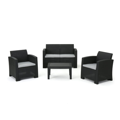 Zephyra - Outdoor 4 Piece Faux Wicker Rattan Chat Set With Water Resistant Cushions - Gray Noble House