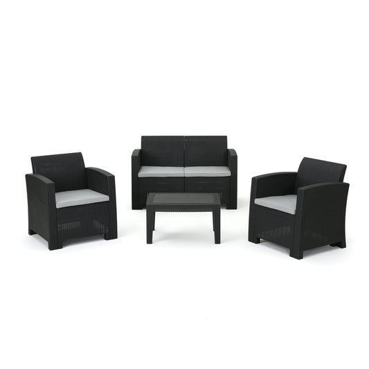 Zephyra - Outdoor 4 Piece Faux Wicker Rattan Chat Set With Water Resistant Cushions - Gray Noble House