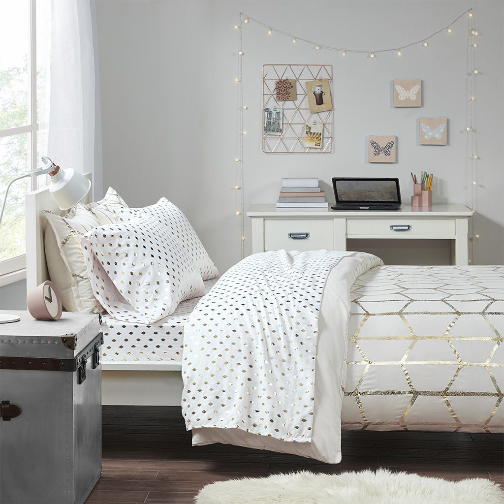 Metallic Dot - Queen Printed Sheet Set - White / Gold Intelligent Design