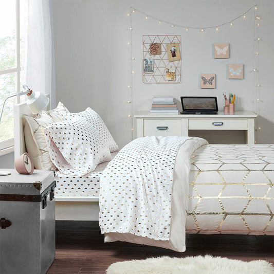 Metallic Dot - Queen Printed Sheet Set - White / Gold Intelligent Design