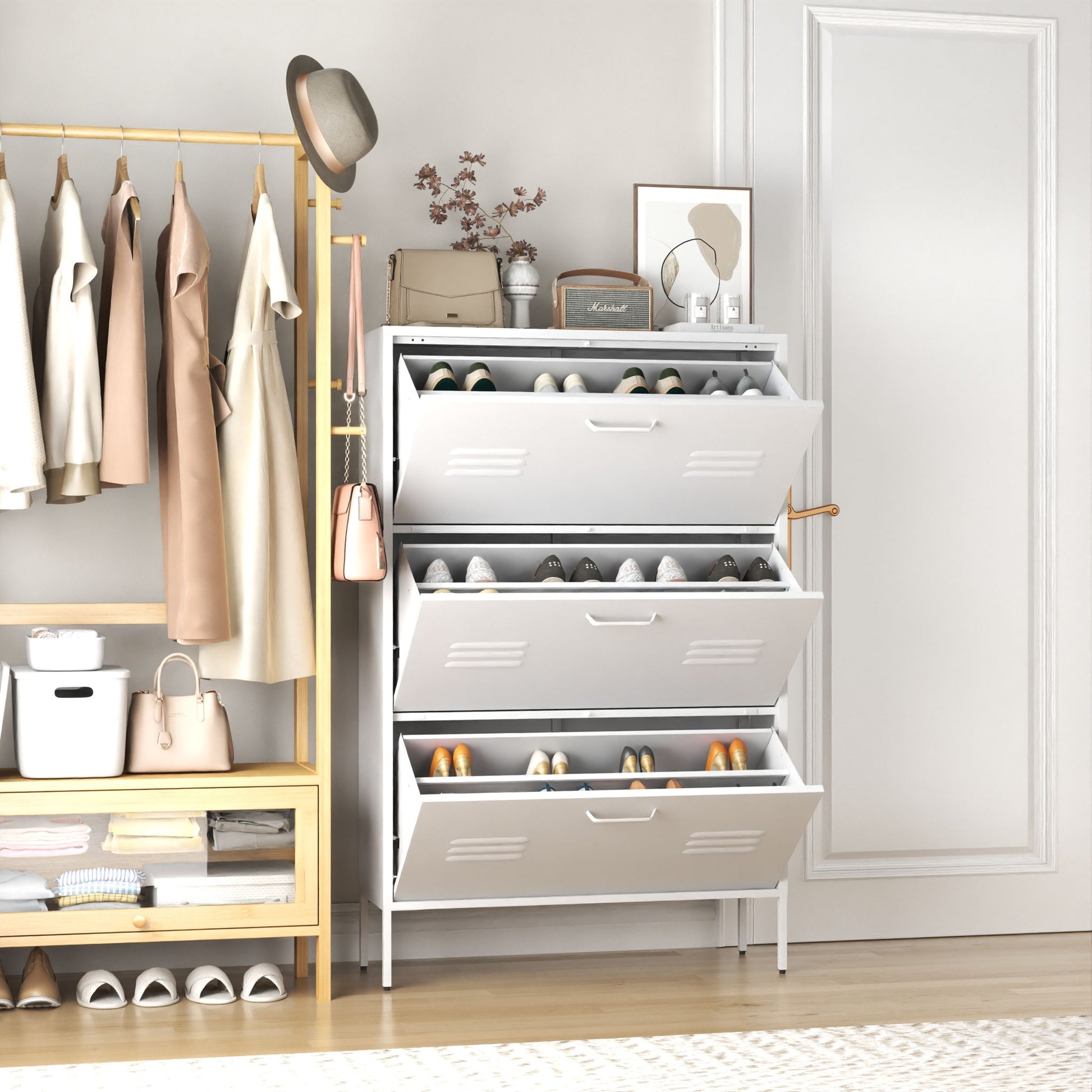 Modern Shoe Storage Cabinet With 3 Flip Drawers And Metal Frame For Entryway - Brushed Nickel Daily Nest