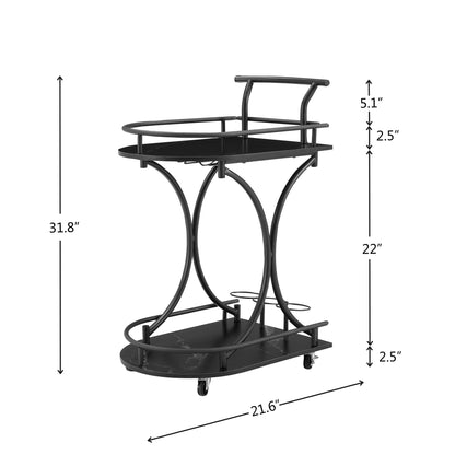 2 Tier Bar Cart, Slide Bar Serving Cart, Retro Style Wine Cart For Kitchen, Beverage Cart With Wine Rack And Glass Holder, Rolling Drink Trolley For Living Room, Dining Room - Black