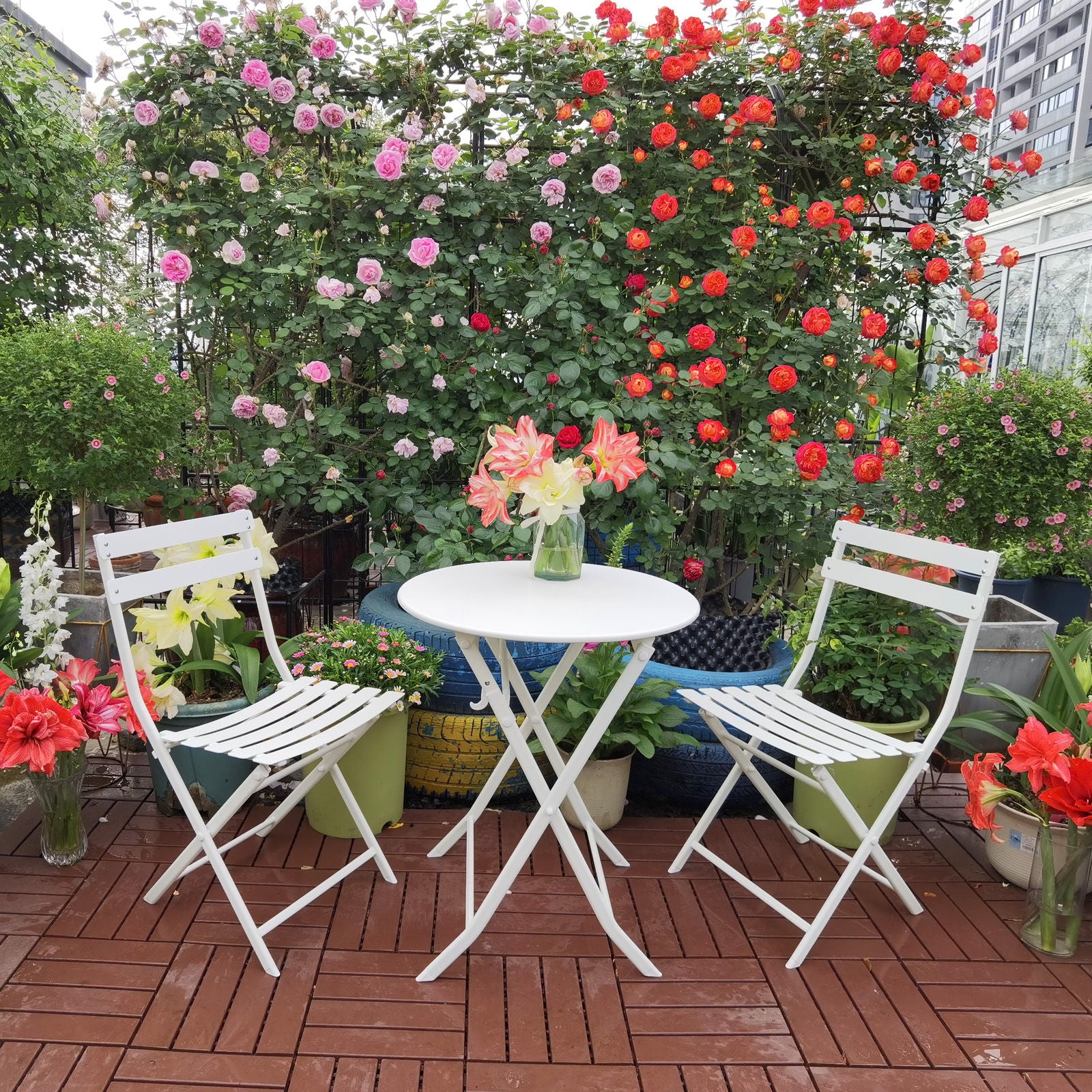 3 Piece Patio Bistro Set Of Foldable Round Table And Chairs Home Essentials