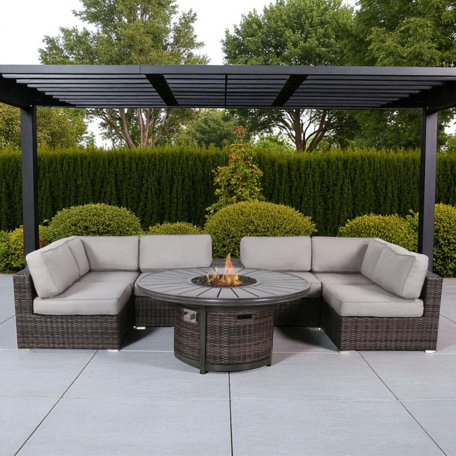 Rattan Patio Set With Comfortable Cushions And Fire Pit LSI Patio Furniture