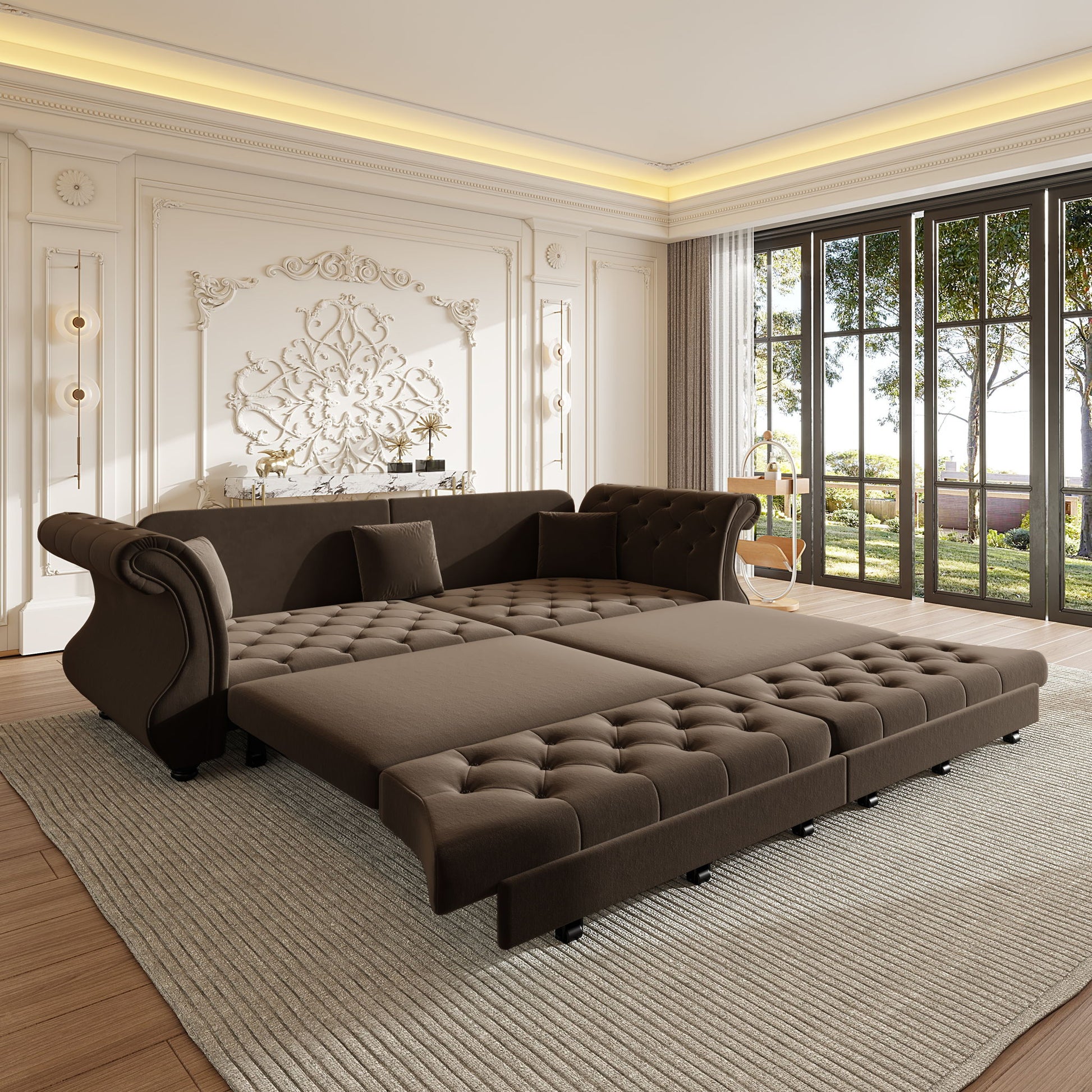Oversized Chesterfield Pull Out Sofa Bed, Roll Arm Couch With Flower Tufting For Living Room Home Essentials