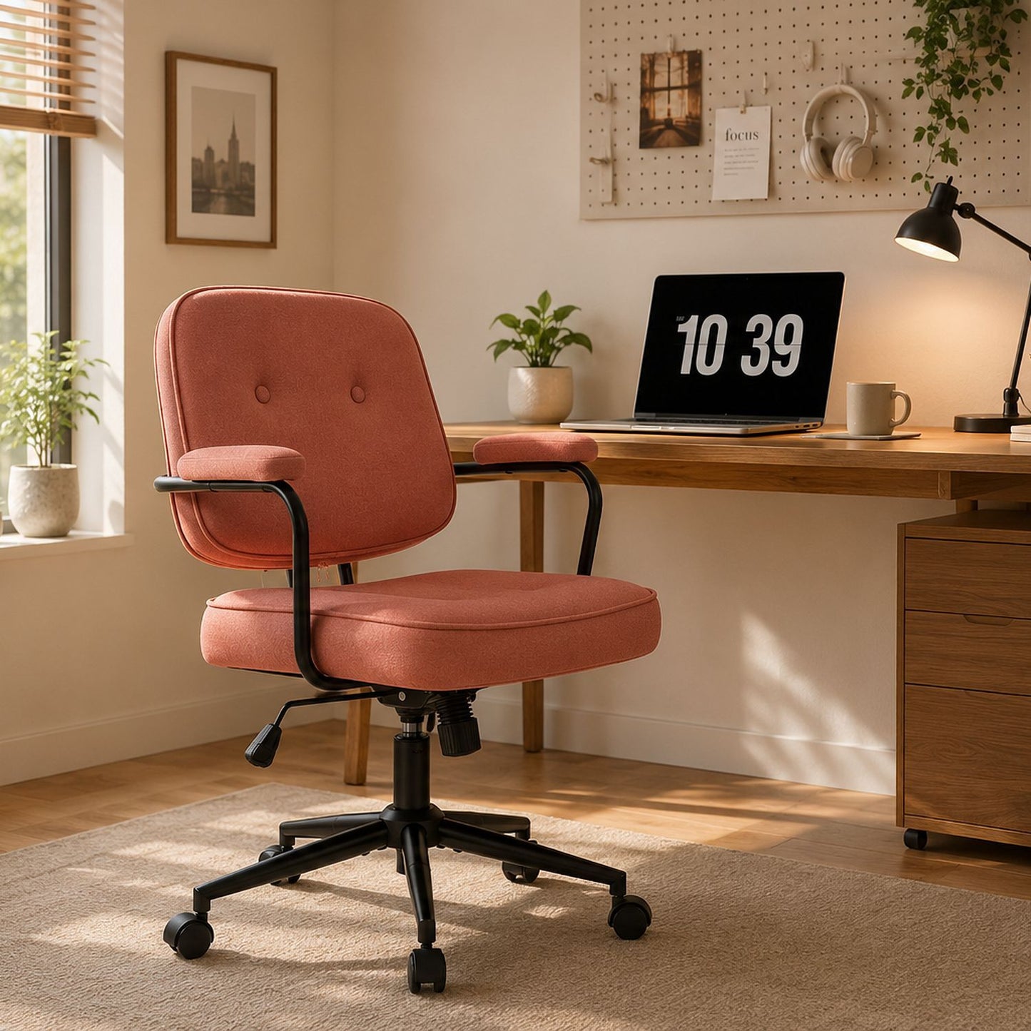 Button Mid Back Swivel Desk Chair With Curved Armrest - Pink Home Essentials
