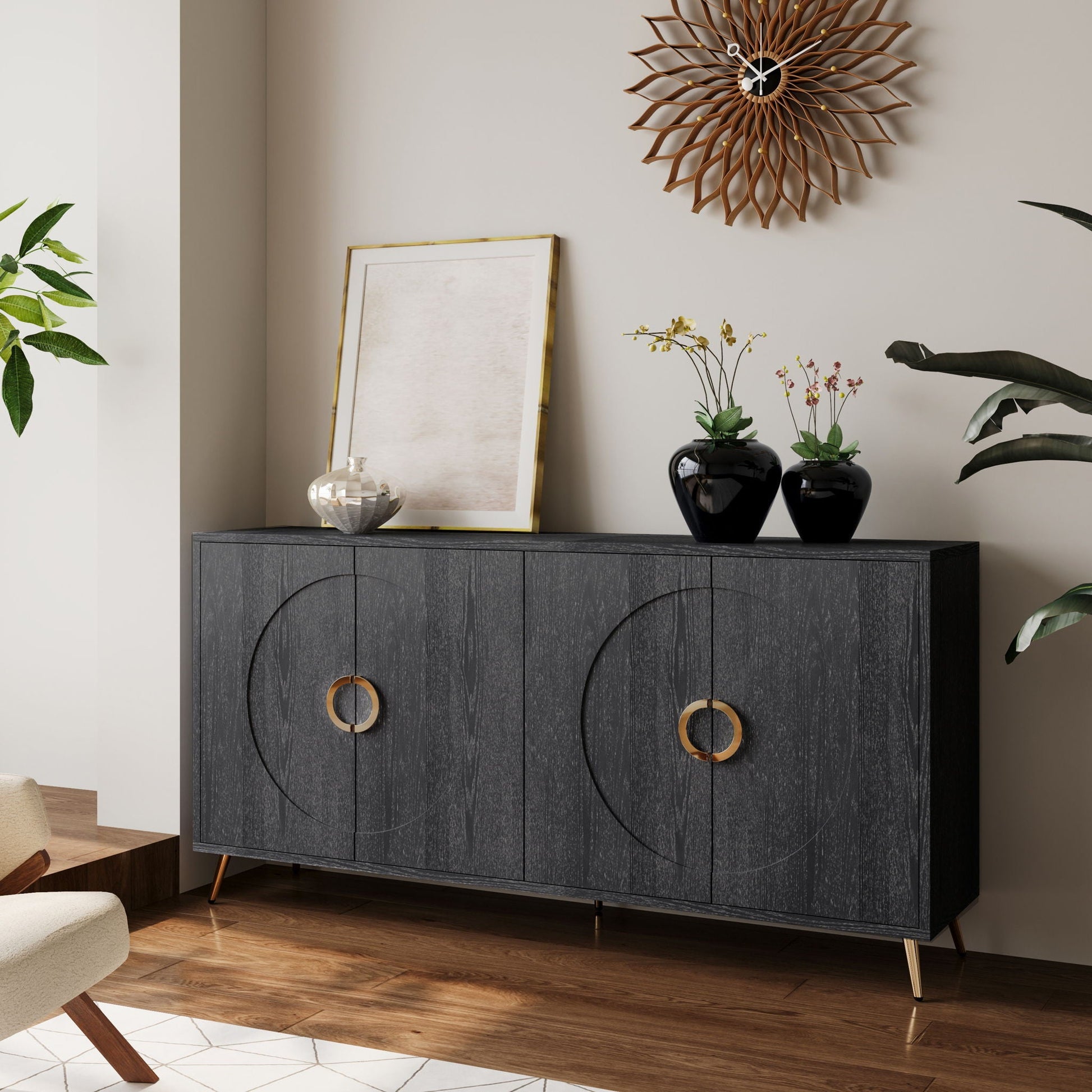 Modern Lacquered 4 Door Wooden Cabinet Sideboard Buffet Server Cabinet Storage Cabinet, For Living Room, Entryway, Hallway, Office, Kitchen And Dining Room Home Essentials