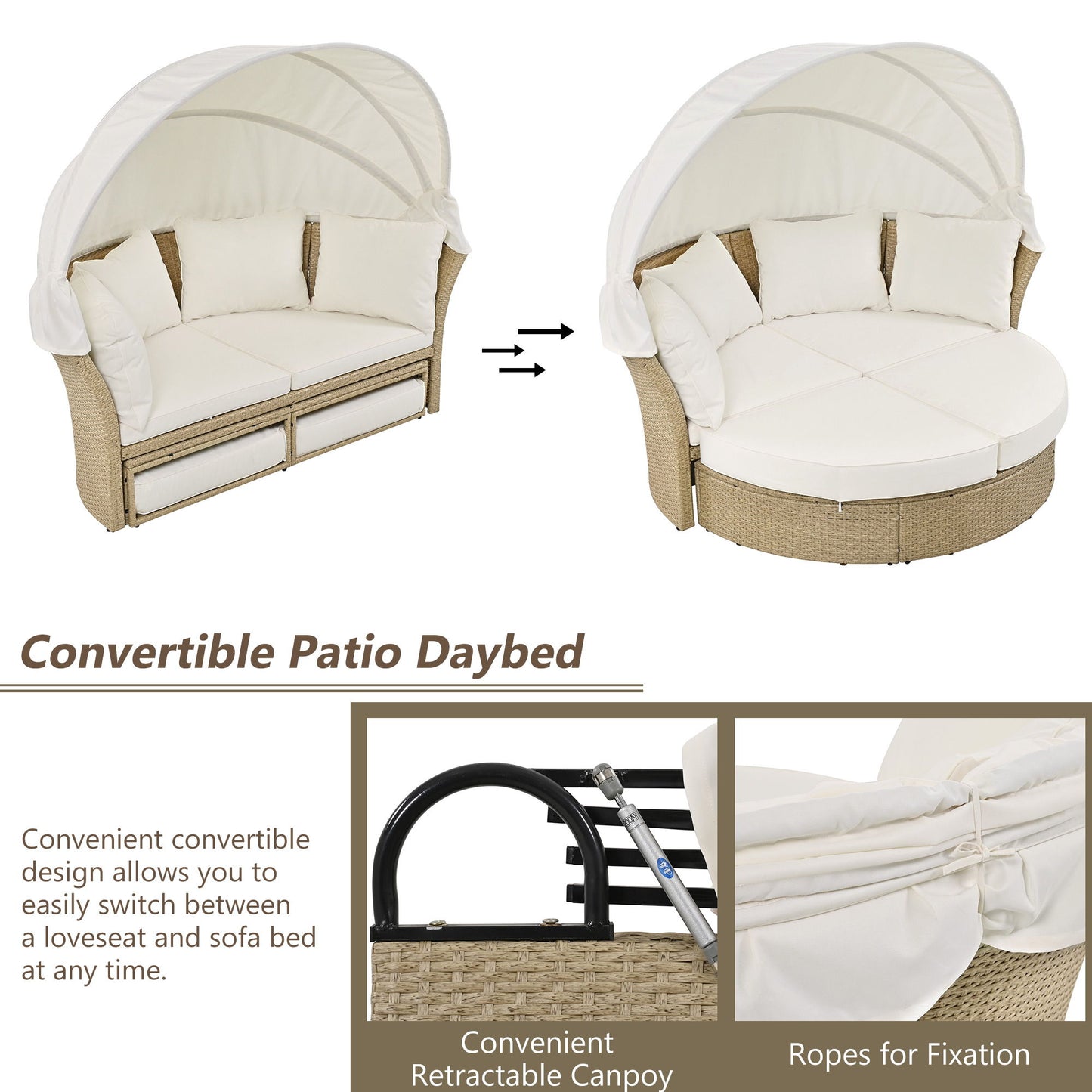 Outdoor Patio Daybed Wicker Rattan Double Daybed Round Sofa Furniture Set With Retractable Canopy, 4 Pillows For Lawn Garden Hearth and Haven